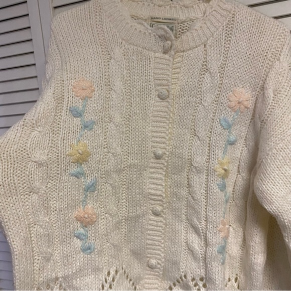Colter Bay Cardigan HandLoomed 1989 White With Flowers Size Large - Picture 2 of 6